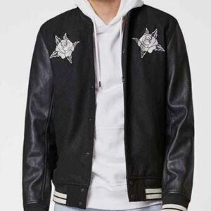PACSUN Mens Rose & Skull Embroidered Varsity Jacket NWOT